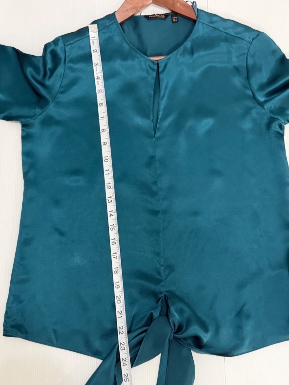 Massimo Dutti 100% Mulberry Silk Teal Satin Draped Knot Top Size 4 - Picture 7 of 12